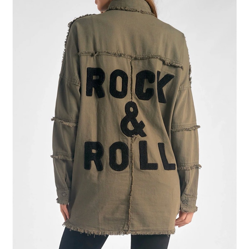 Elan ROCK N ROLL Olive Green Casual Button-Up Distressed Jacket